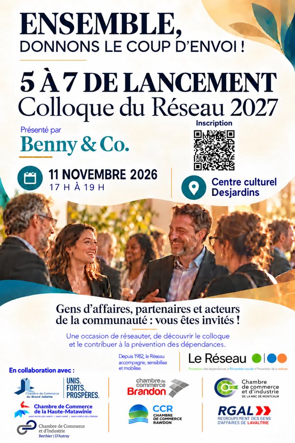 Affiche du 5 à 7 de lancement du Colloque du Réseau 2027, présenté par Benny & Co.